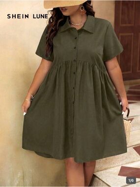 SHEIN Olive Button-Front Short Sleeve Midi Dress